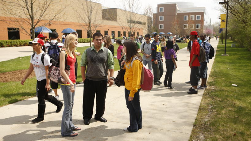 Students talking outside of the University Center.
