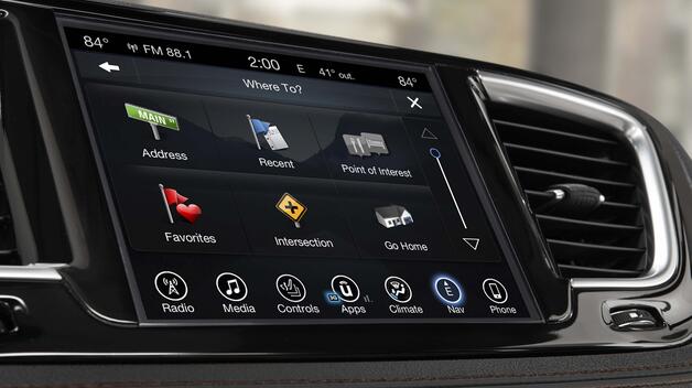 A close-up view of the infotainment dashboard touchscreen in the 2017 Chrysler Pacifica. 