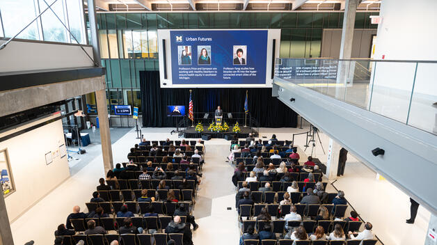 Chancellor Grasso gives his State of University Address in the new Engineering Lab Building atrium in front of an in-person audience. 