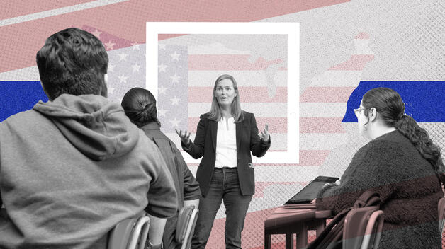 A collage graphic featuring a social studies teacher expressively teaching to a high school class with red, white and blue themed graphics in the background