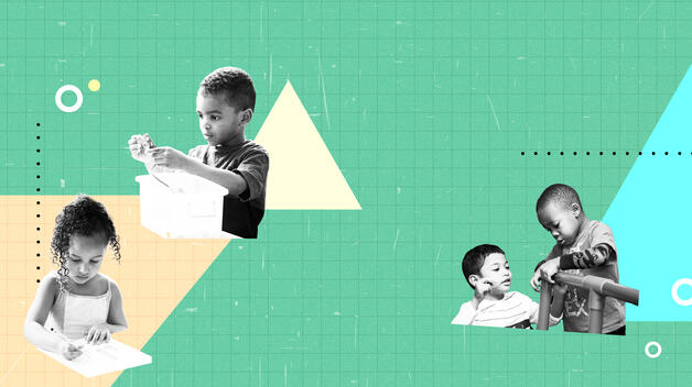 A collage graphic showing preschool-age African American children learning and playing.