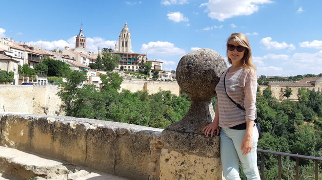 UM-Dearborn master's student Erika MacLaren in Segovia, Spain. Now based in Spain, MacLaren is studying online to get her TESOL certificate, which she says will help her with her dream of opening a language academy.