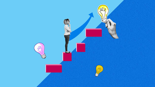 A collage graphic showing a young woman with a thoughtful look on her face, jumping from step to step, as she works toward better and better ideas. 